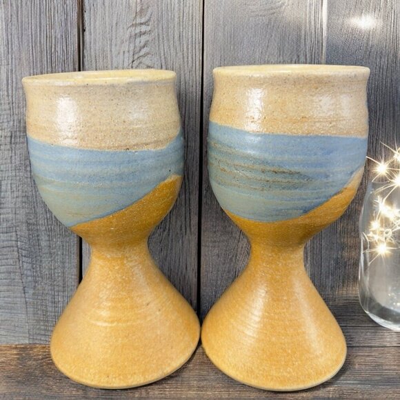 Vintage Large Footed Goblets Cups Set 2 Brown Stoneware Pottery Artist Signed - Picture 1 of 14